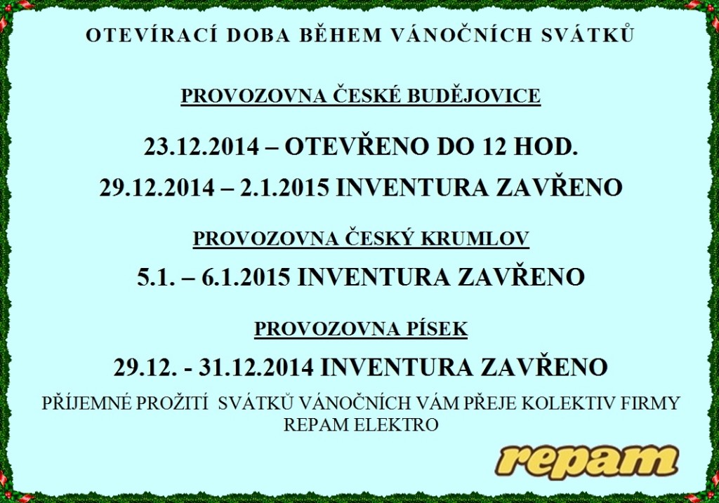 Repam elektro - otevírací doba během vánočních svátků 2014